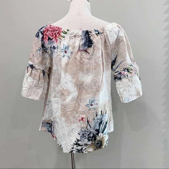 Anthropologie Hester & Orchard Linen Blend Off shoulder floral top blouse - Picture 3 of 6